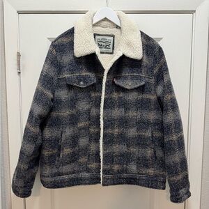 Levi's Wool Blend Plaid Trucker Jacket With Sherpa Lining